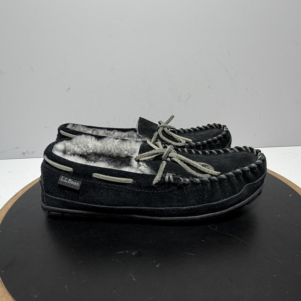 L.L. Bean Shoes Mens Size 7 Black Suede‎ Shearling Moccasin Slippers Cozy Winter